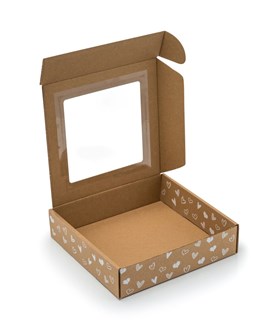Pudełko ozdobne z oknem, brąz w białe serduszka 200x200x50mm