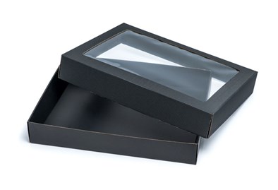 Pudełka karbowane czarne 450x350x70mm wieczka z oknem 10szt