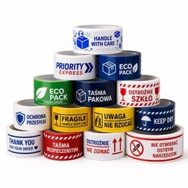Rolki taśmy pakowej z nadrukiem logo 2 kolory, klej Solvent, wymiar 48 mm x 54 m
