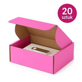 20 różowych pudełek wykrojnikowych, część złożona, część rozłożona.
