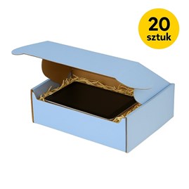 20 niebieskich pudełek ustawionych w dwóch rzędach, kilka otwartych.