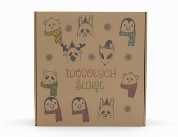Karton świąteczny kraftowy z motywem zwierzątek i napisem „Wesołych Świąt”.