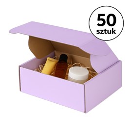 50 pudełek ułożonych warstwowo; kilka złożonych frontem, widoczny zatrzask.