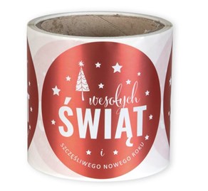 Okrągła naklejka świąteczna 90 mm w rolce 100 sztuk, dekoracja prezentów i opakowań.