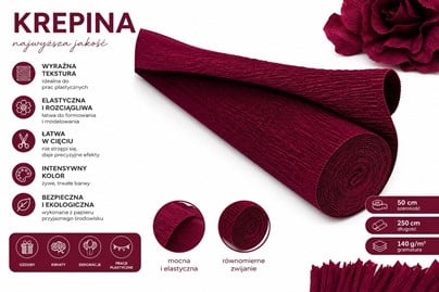 Krepina Włoska 180g Burgundowa 50×250 cm Gruba Bibuła Florystyczna