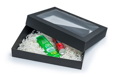 Pudełka karbowane czarne 450x350x70mm wieczka z oknem 10szt