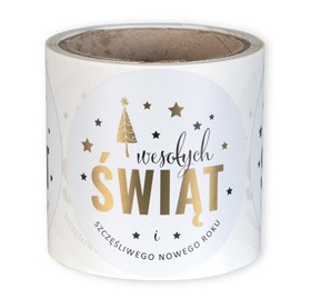 Okrągła naklejka świąteczna o średnicy 90 mm w rolce 100 sztuk.