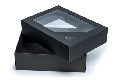 Pudełka karbowane czarne 400x310x120mm wieczka z oknem 10szt