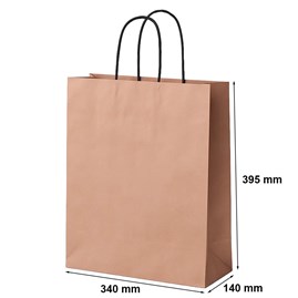 Zestaw 50 miedzianych toreb papierowych o wymiarach 34 × 14 × 39,5 cm, wykonanych z papieru 100 g/m², wyposażonych w skręcane uchwyty typu kraft