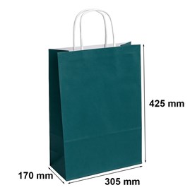 Zestaw 50 zielonych toreb papierowych ECOBAG o wymiarach 305 × 170 × 425 mm, pojemności 23 l, wykonanych z papieru 100 g/m², z dnem klockowym i uchwyt