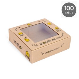 Paleta/karton zbiorczy z ok. 100 pudełkami + kilka złożonych obok, widoczne okienka, pastelowe rekwizyty.