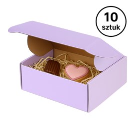 10 fioletowych pudełek (część złożona, jedno otwarte), pokazane mechanizm automatycznego zamknięcia.