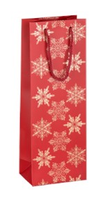 Świąteczna torebka na wino w kolorze czerwonym ze złotymi płatkami śniegu