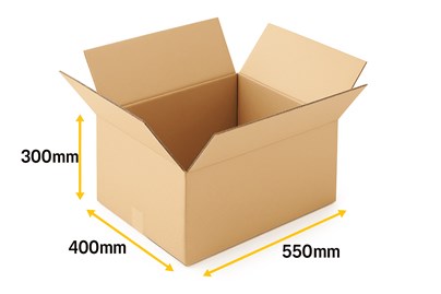 W pełni biodegradowalny, brązowy karton klapowy z tektury falowanej, trójwarstwowej o wymiarach 550x400x300 mm