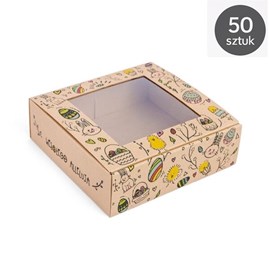 Zbiorcze ujęcie 50 pudełek ustawionych w kilku rzędach, pastelowe dekoracje w tle.