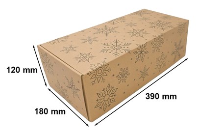 Kraftowy karton fasonowy z nadrukiem śnieżynek, eleganckie pudełko świąteczne na prezenty.