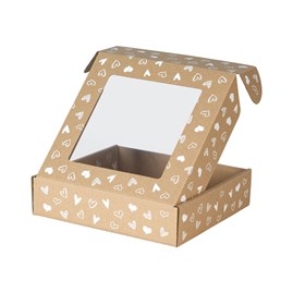 Pudełko ozdobne z oknem, brąz w białe serduszka 200x200x50mm