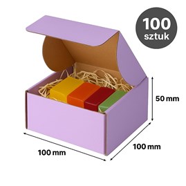  Paleta/karton zbiorczy z 100 pudełkami; kilka złożonych frontem, pokazany intensywny fiolet.