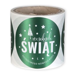 Duża naklejka świąteczna okrągła 90 mm w rolce po 100 sztuk, dekoracja paczek i prezentów.
