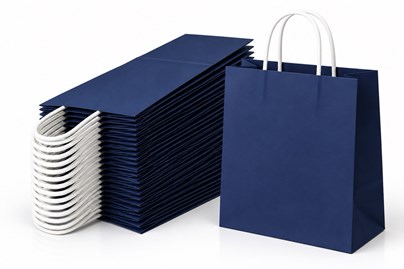 Zestaw 100 granatowych toreb papierowych ECOBAG o wymiarach 305 × 170 × 425 mm, pojemności 23 l, wykonanych z papieru 100 g/m², z dnem klockowym i uch