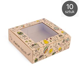 10 pudełek kraft z motywem wielkanocnym ustawionych frontem, w tle pastelowe dekoracje.