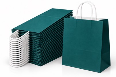 Zestaw 50 zielonych toreb papierowych ECOBAG o wymiarach 305 × 170 × 425 mm, pojemności 23 l, wykonanych z papieru 100 g/m², z dnem klockowym i uchwyt
